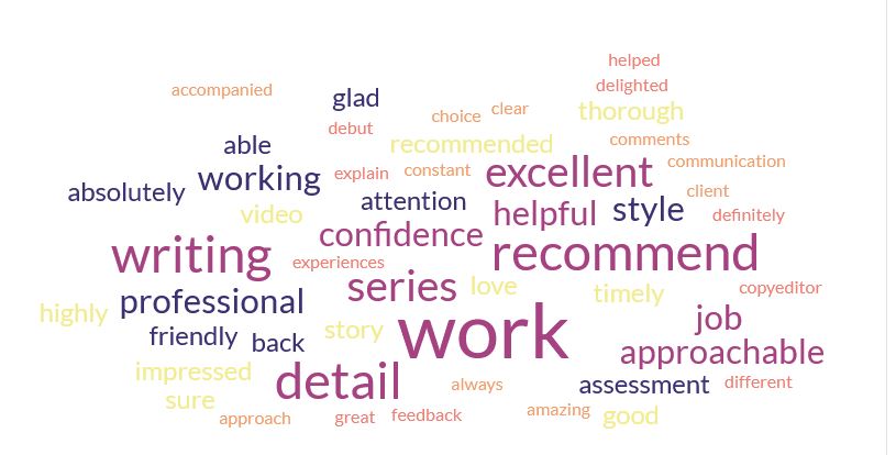 A word cloud with the biggest words being: work, recommend, excellent, confidence and approachable