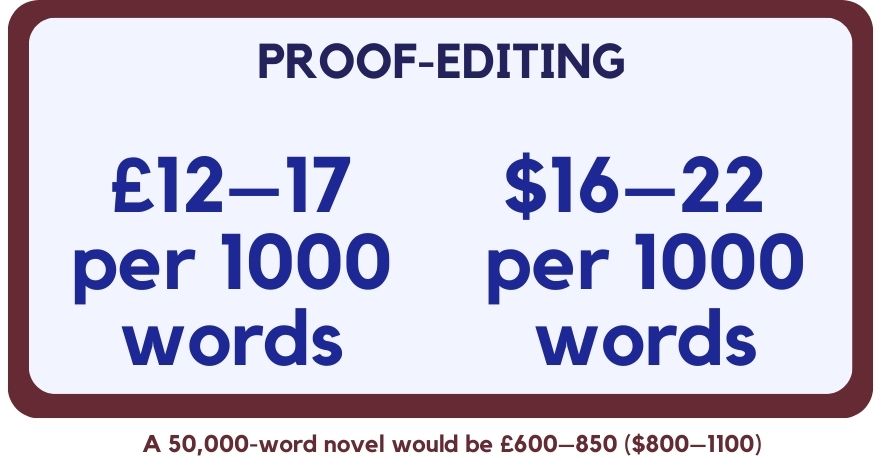 Proof-editing fees. £12 to £17 per 1000 words. Or $16 to $22.
A 50,000 word novel would be £600 to £850, or $800 to $1100.