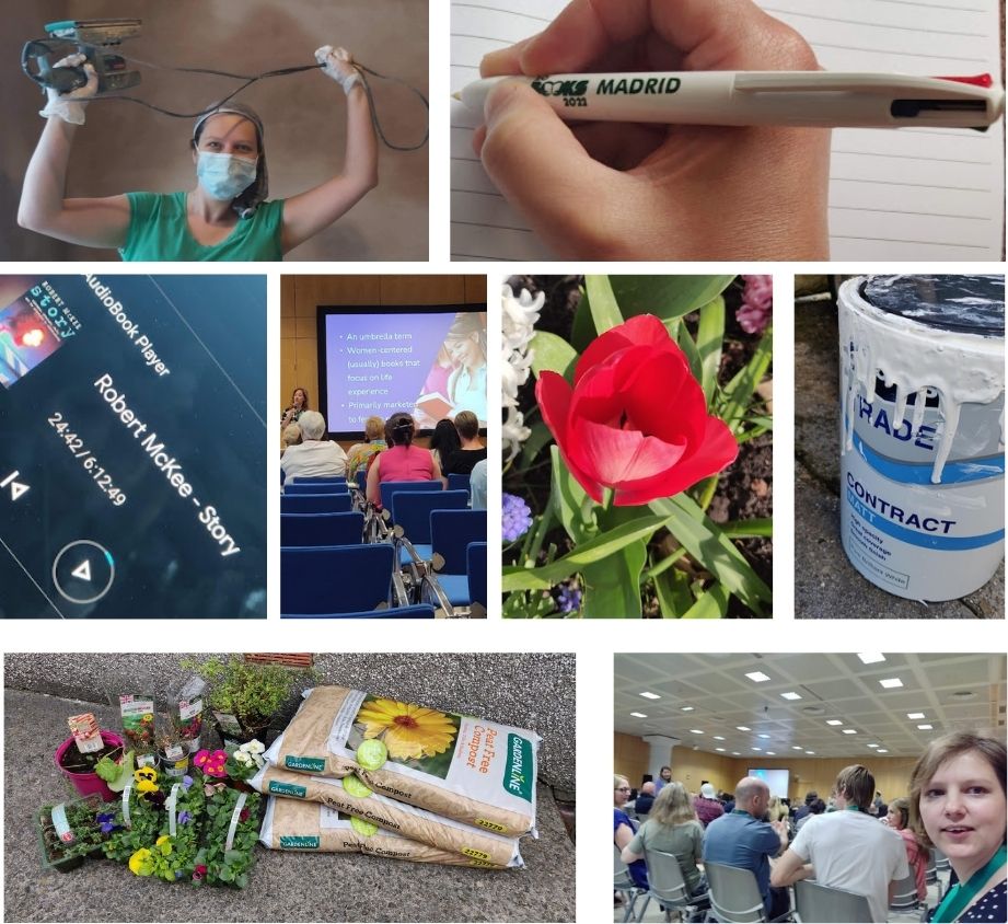 A collage of images including gardening and decorating and attending conferences